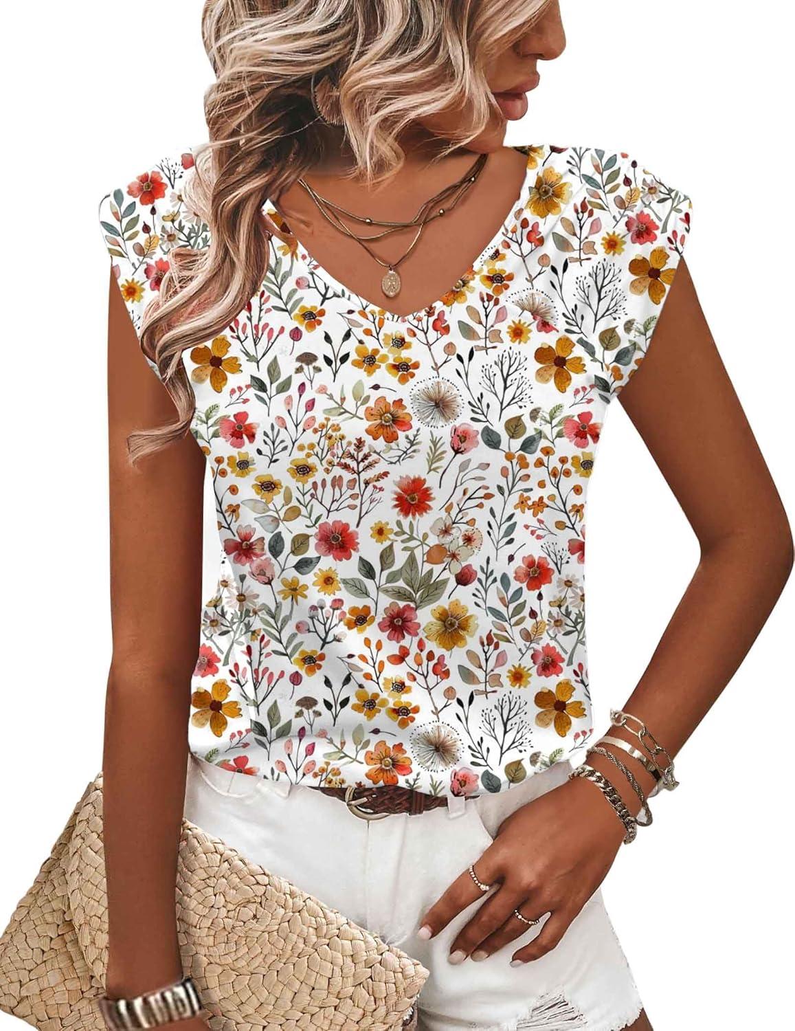 imageZeagoo Womens Tops Cute Loose Tank Tops Trendy Casual Dressy Shirts V Neck Cap Sleeve Tops Summer OutfitsColorful Floral