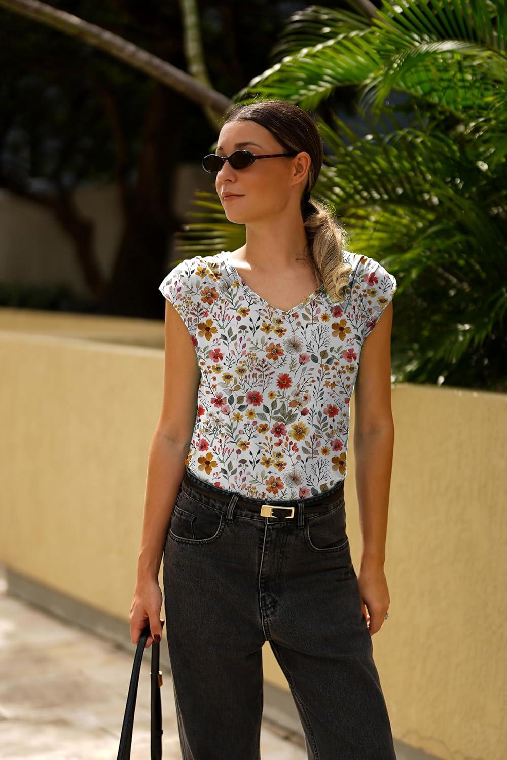 imageZeagoo Womens Tops Cute Loose Tank Tops Trendy Casual Dressy Shirts V Neck Cap Sleeve Tops Summer OutfitsColorful Floral