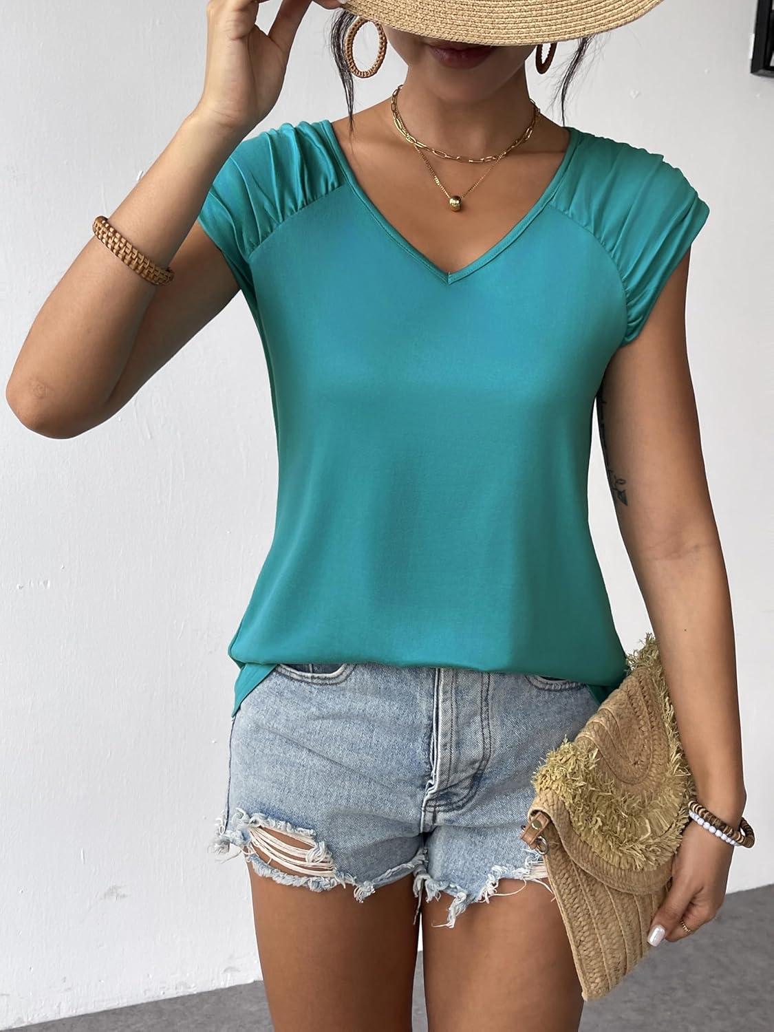 imageZeagoo Womens Tops Cute Loose Tank Tops Trendy Casual Dressy Shirts V Neck Cap Sleeve Tops Summer OutfitsPeacock Blue
