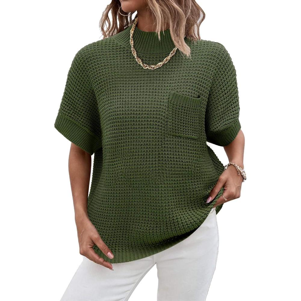 imageWomen 2026 Sweater Vest Mock Neck Batwing Short Sleeve Oversized Ribbed Knit Tops Fall Pullover Sweater SXXLArmy Green