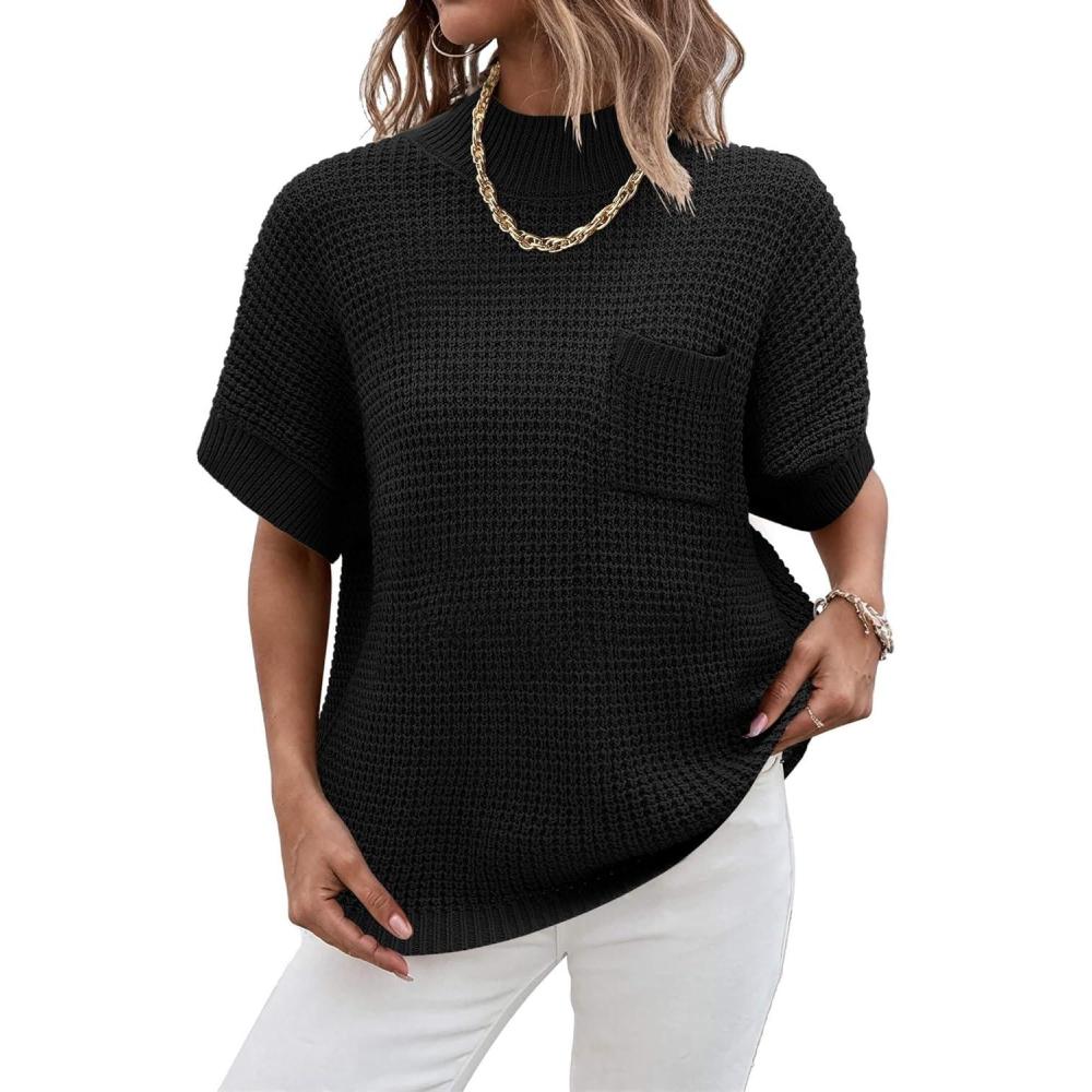 imageWomen 2026 Sweater Vest Mock Neck Batwing Short Sleeve Oversized Ribbed Knit Tops Fall Pullover Sweater SXXLBlack