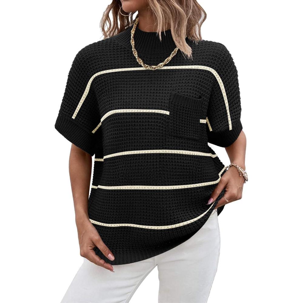 imageWomen 2026 Sweater Vest Mock Neck Batwing Short Sleeve Oversized Ribbed Knit Tops Fall Pullover Sweater SXXLBlack White Stripe