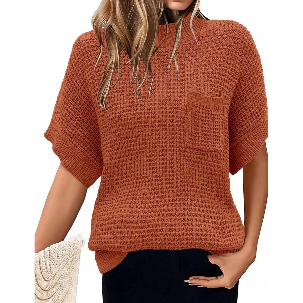 imageWomen 2026 Sweater Vest Mock Neck Batwing Short Sleeve Oversized Ribbed Knit Tops Fall Pullover Sweater SXXLCaramel