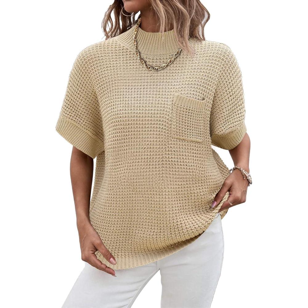 imageWomen 2026 Sweater Vest Mock Neck Batwing Short Sleeve Oversized Ribbed Knit Tops Fall Pullover Sweater SXXLCoffee