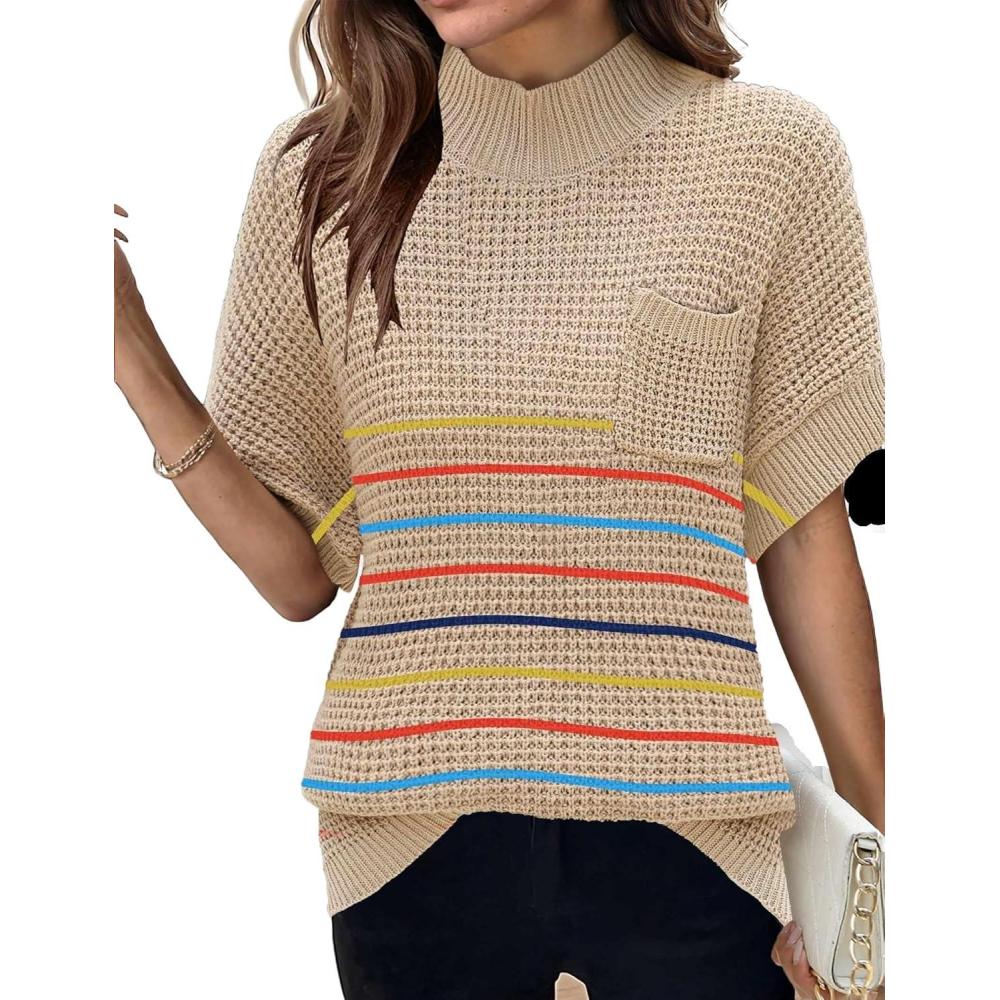 imageWomen 2026 Sweater Vest Mock Neck Batwing Short Sleeve Oversized Ribbed Knit Tops Fall Pullover Sweater SXXLColor Striped