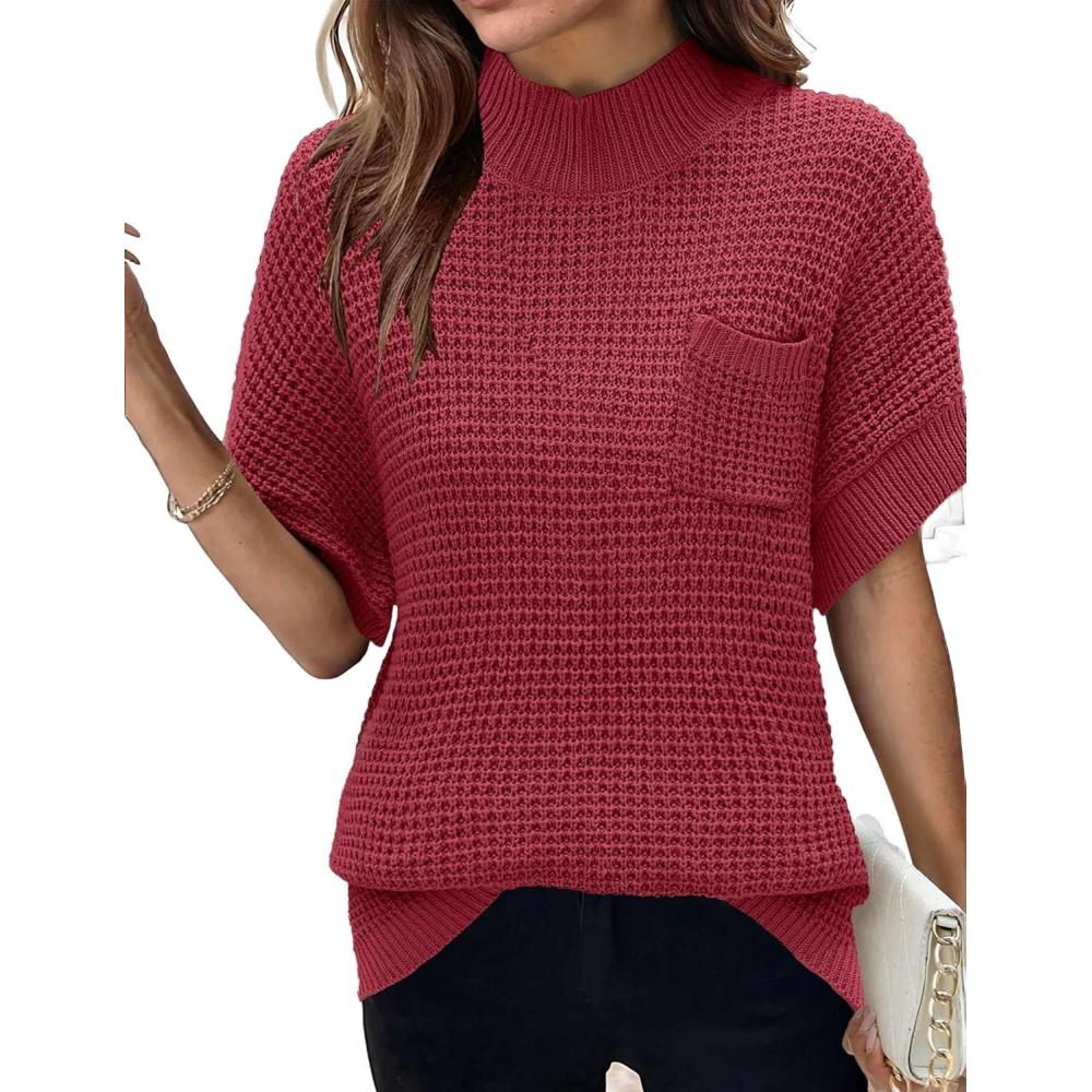 imageWomen 2026 Sweater Vest Mock Neck Batwing Short Sleeve Oversized Ribbed Knit Tops Fall Pullover Sweater SXXLDark Red