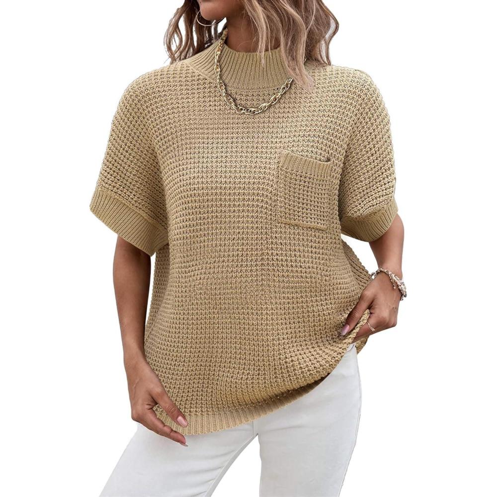 imageWomen 2026 Sweater Vest Mock Neck Batwing Short Sleeve Oversized Ribbed Knit Tops Fall Pullover Sweater SXXLKhaki