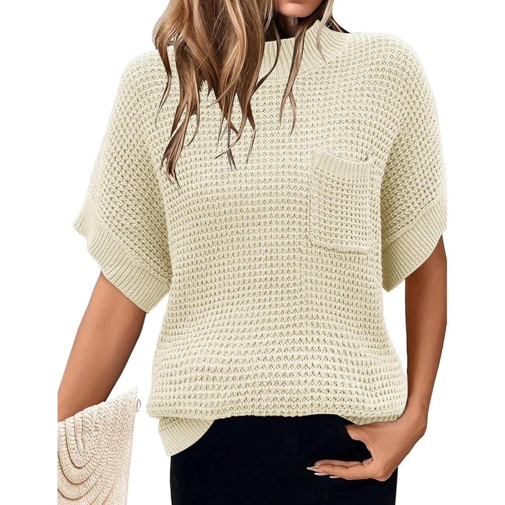 imageWomen 2026 Sweater Vest Mock Neck Batwing Short Sleeve Oversized Ribbed Knit Tops Fall Pullover Sweater SXXLWhite