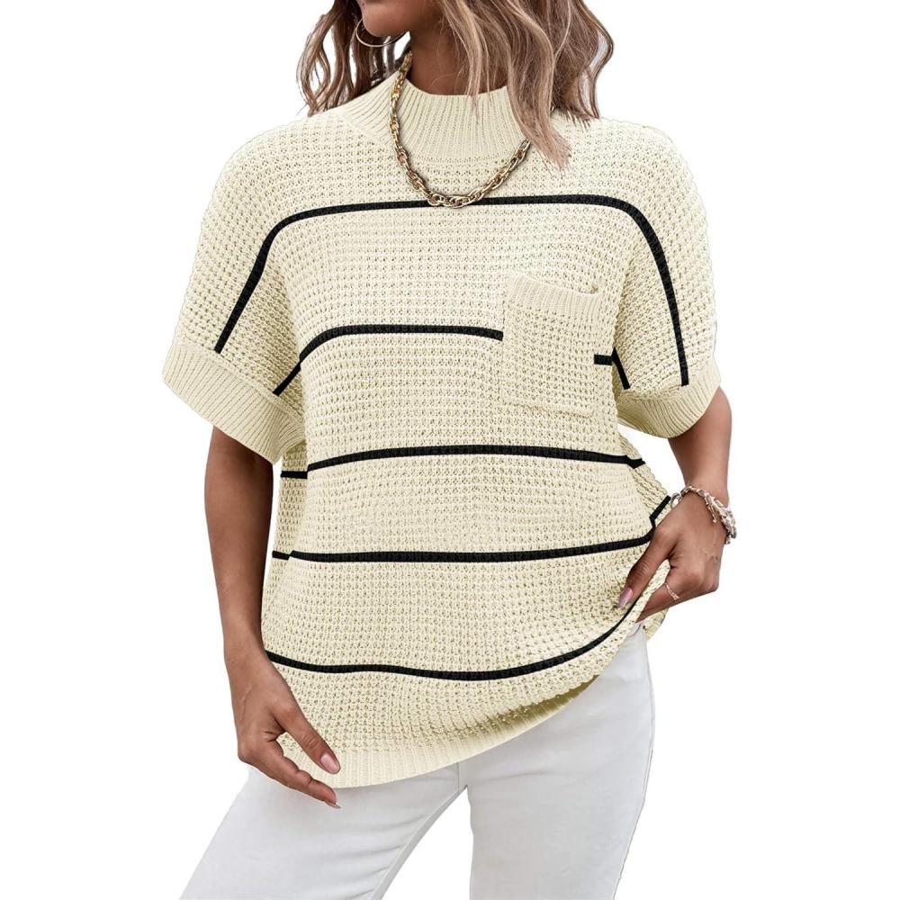 imageWomen 2026 Sweater Vest Mock Neck Batwing Short Sleeve Oversized Ribbed Knit Tops Fall Pullover Sweater SXXLWhite Black Stripe