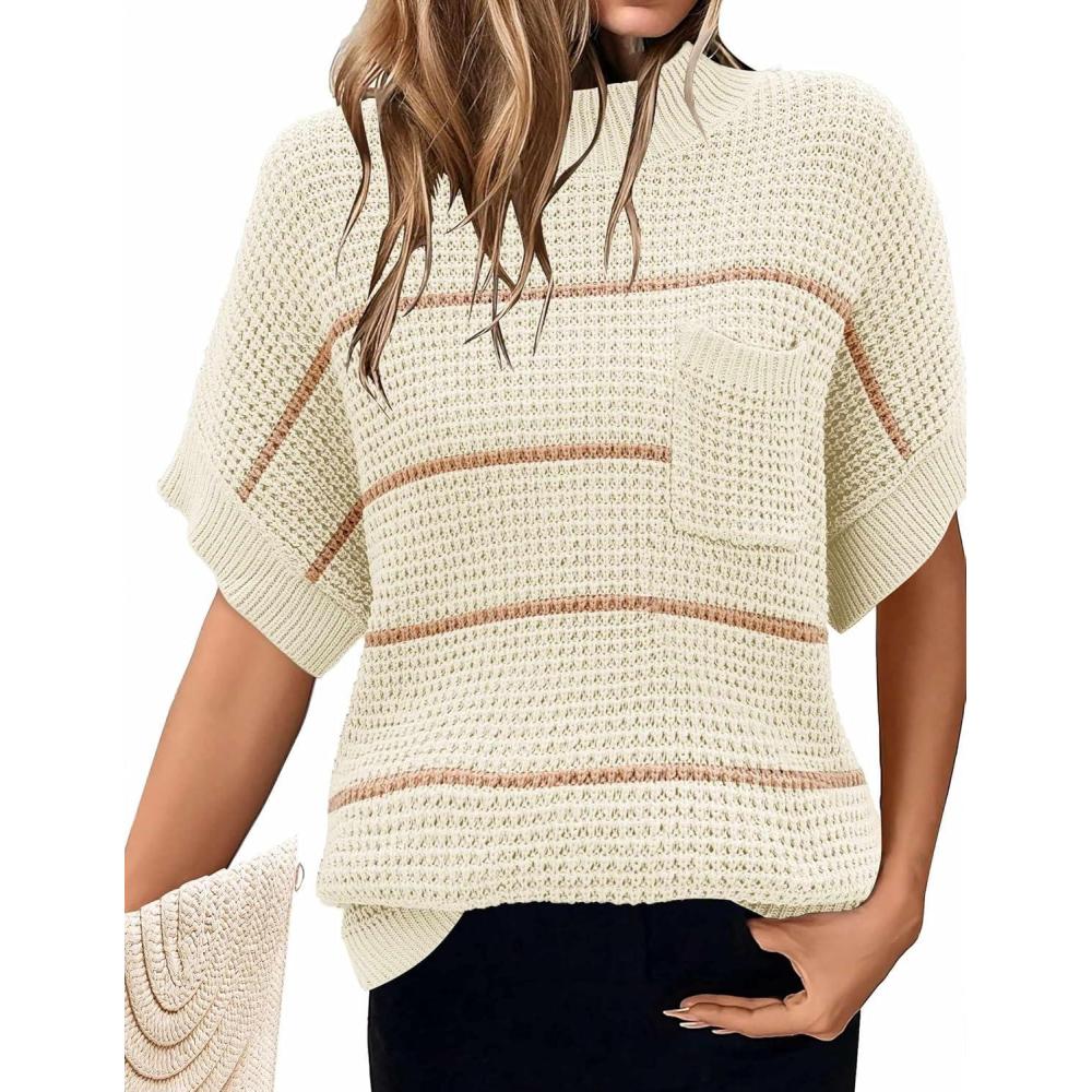 imageWomen 2026 Sweater Vest Mock Neck Batwing Short Sleeve Oversized Ribbed Knit Tops Fall Pullover Sweater SXXLWhite Brown Striped