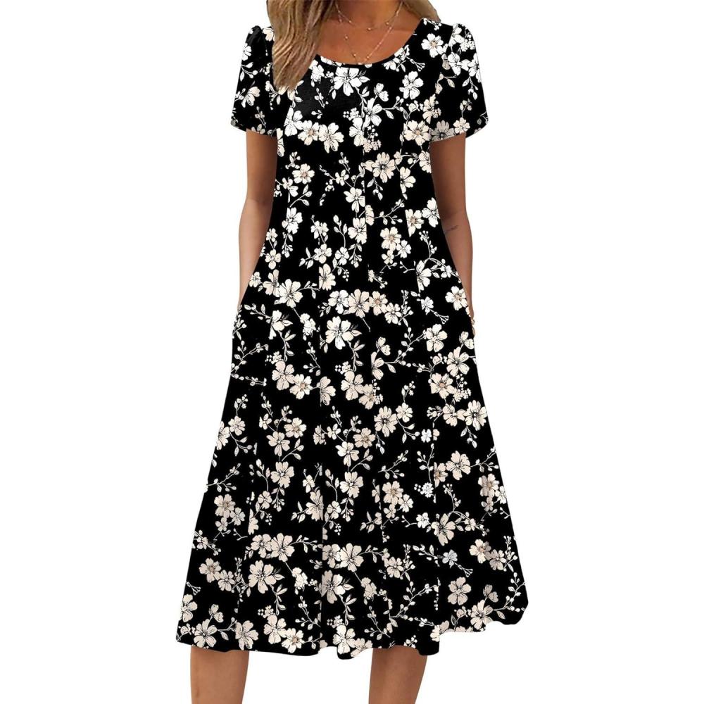 imageZEAGOO Womens Casual Dresses for Summer Short Sleeve Flare Midi Dress Loose Flowy Beach Sundress2602 Black Flower
