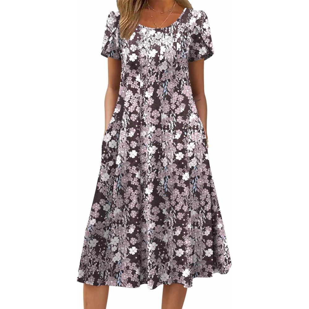 imageZEAGOO Womens Casual Dresses for Summer Short Sleeve Flare Midi Dress Loose Flowy Beach Sundress2602 Brown Flower