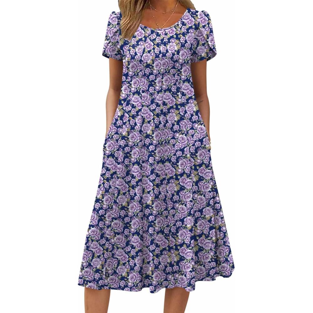 imageZEAGOO Womens Casual Dresses for Summer Short Sleeve Flare Midi Dress Loose Flowy Beach Sundress2602 Purple Flower