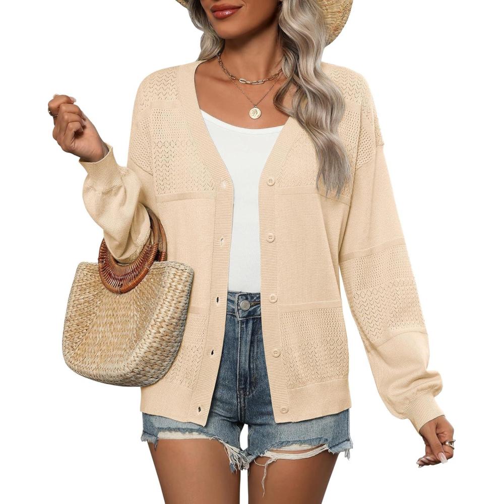 imageZeagoo 2025 Womens Cardigan Casual Long Sleeve Lightweight Crochet Shrug V Neck Tops Button Down Soft Knit SweaterBeige