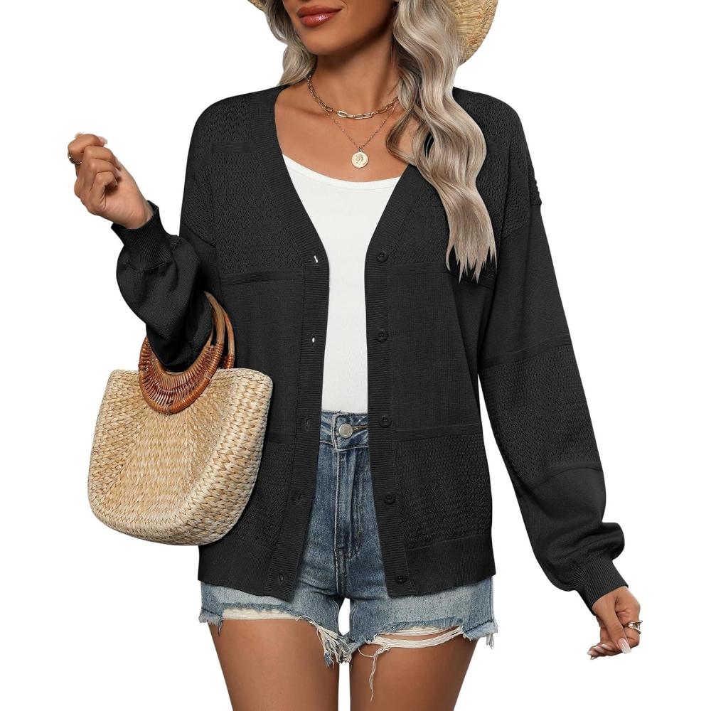 imageZeagoo 2025 Womens Cardigan Casual Long Sleeve Lightweight Crochet Shrug V Neck Tops Button Down Soft Knit SweaterBlack