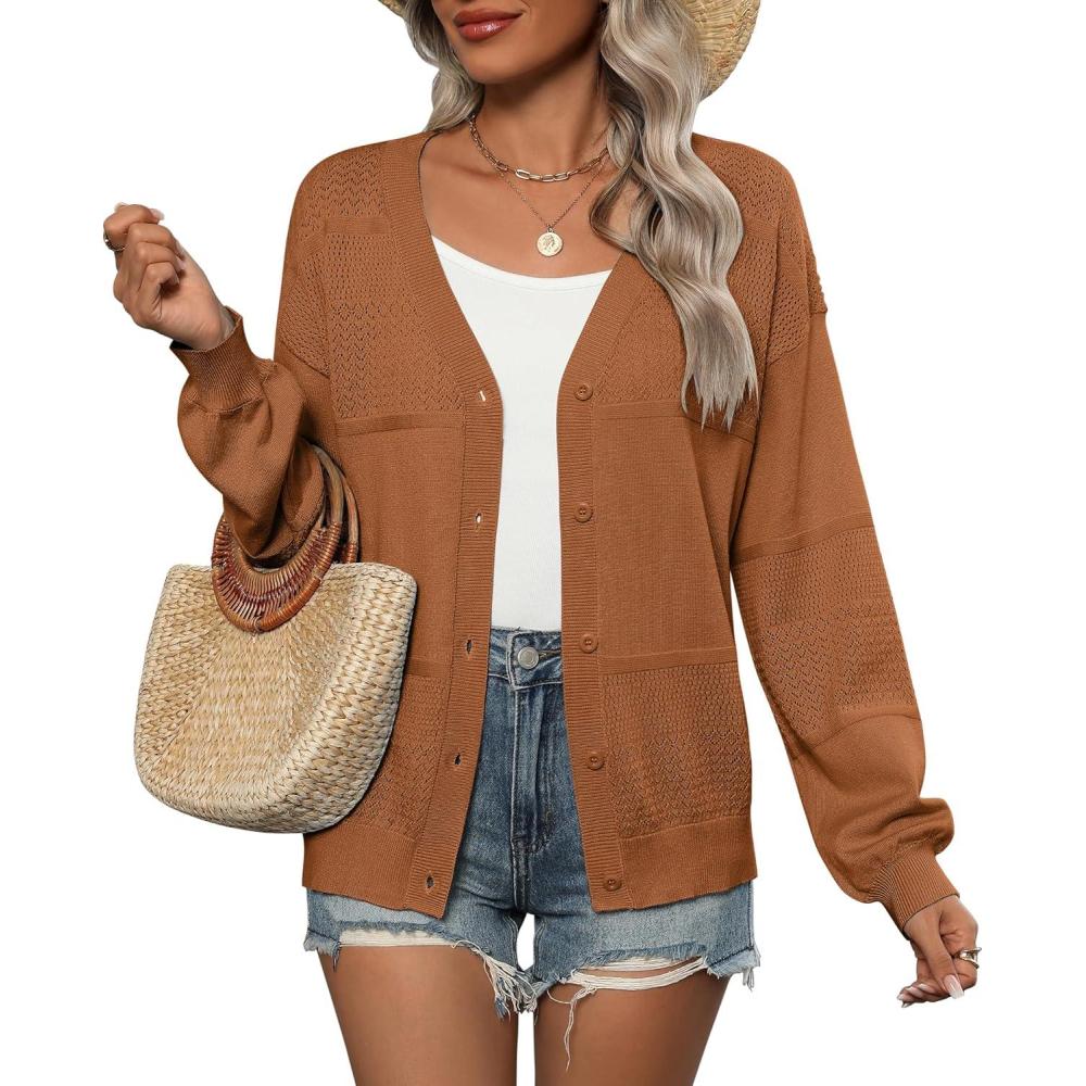 imageZeagoo 2025 Womens Cardigan Casual Long Sleeve Lightweight Crochet Shrug V Neck Tops Button Down Soft Knit SweaterBrown