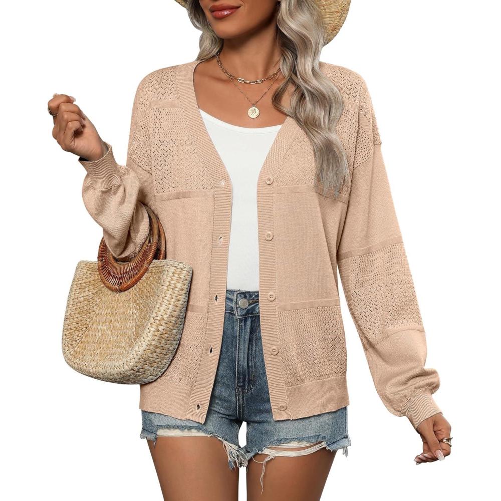 imageZeagoo 2025 Womens Cardigan Casual Long Sleeve Lightweight Crochet Shrug V Neck Tops Button Down Soft Knit SweaterKhaki