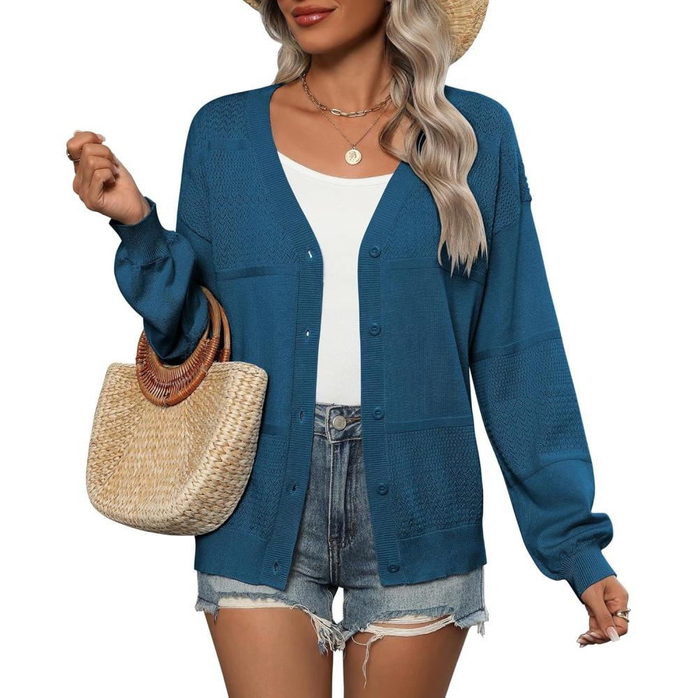 imageZeagoo 2025 Womens Cardigan Casual Long Sleeve Lightweight Crochet Shrug V Neck Tops Button Down Soft Knit SweaterNavy Blue