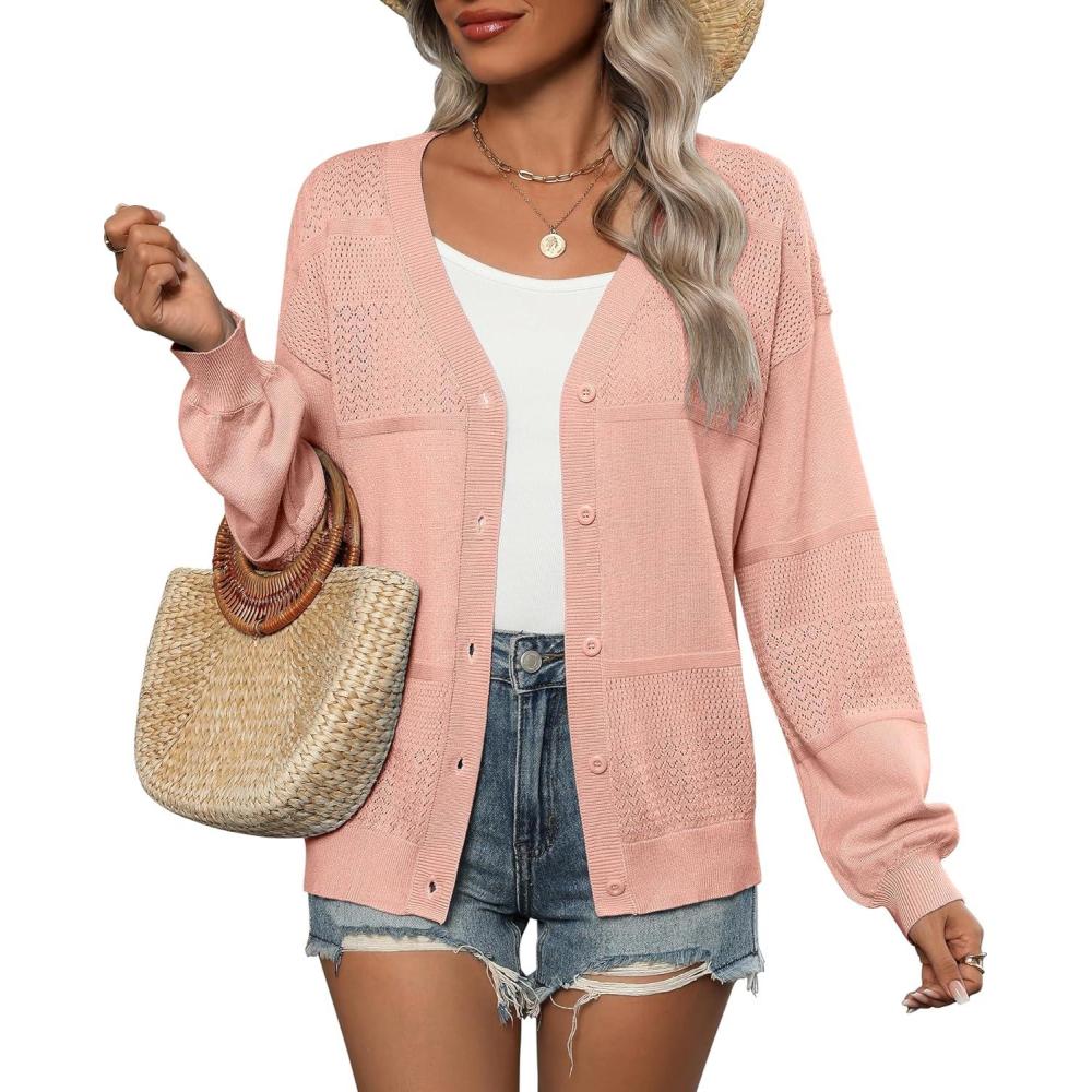 imageZeagoo 2025 Womens Cardigan Casual Long Sleeve Lightweight Crochet Shrug V Neck Tops Button Down Soft Knit SweaterPink