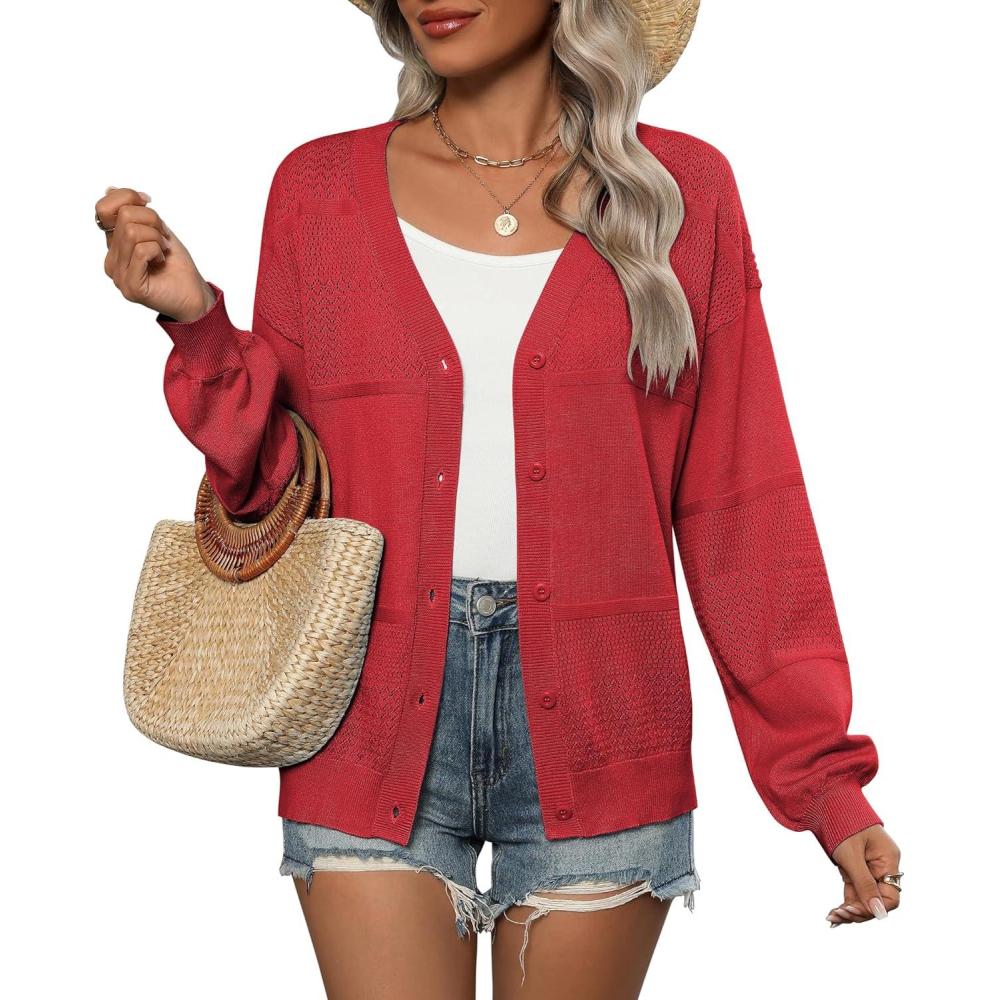 imageZeagoo 2025 Womens Cardigan Casual Long Sleeve Lightweight Crochet Shrug V Neck Tops Button Down Soft Knit SweaterRed