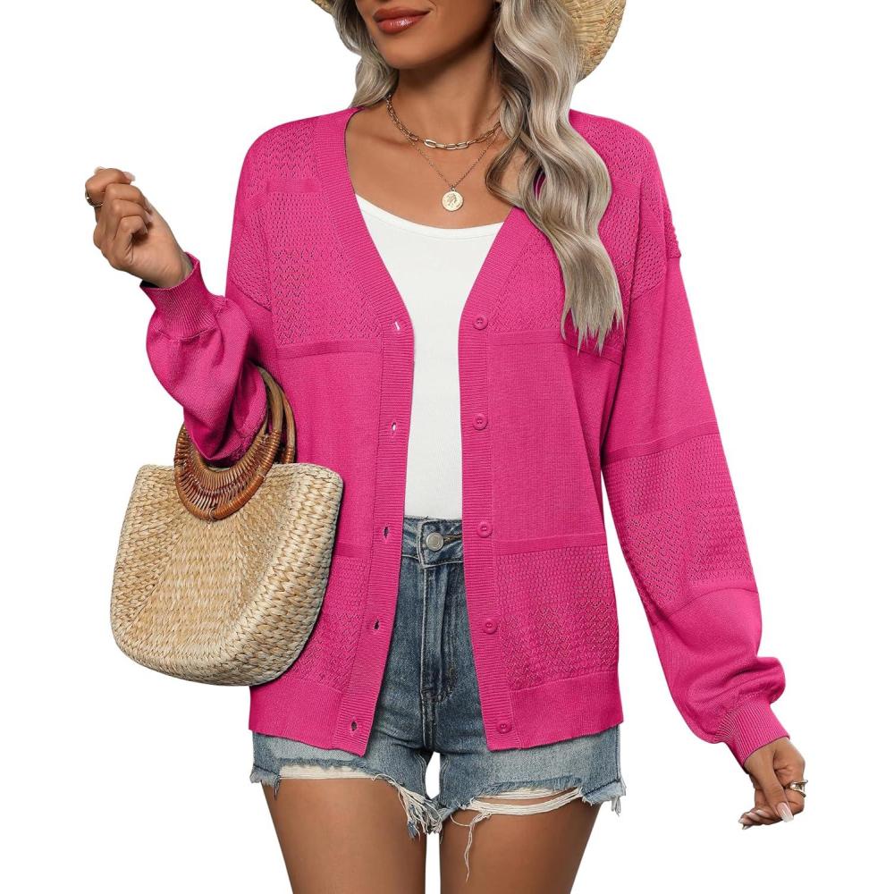 imageZeagoo 2025 Womens Cardigan Casual Long Sleeve Lightweight Crochet Shrug V Neck Tops Button Down Soft Knit SweaterRose Red