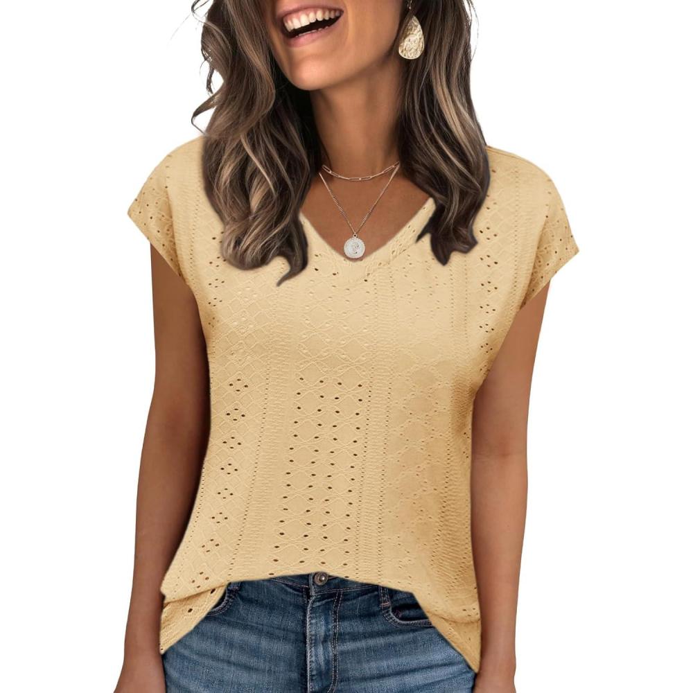 imageZeagoo 2025 Womens Tank Top V Neck Eyelet T Shirts Cap Sleeve Tops Loose Fit Blouses Dressy Casual Summer Basic ShirtsYellow 1