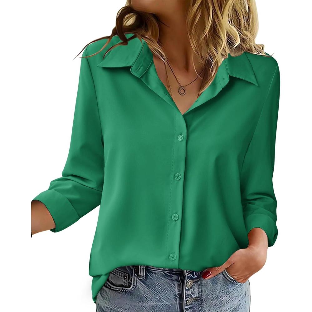 imageZeagoo Blouse for Women Dressy Long Sleeve Button Down Shirts Business Casual Outfit Lightweight SolidPrinted TopsZ Evergreen