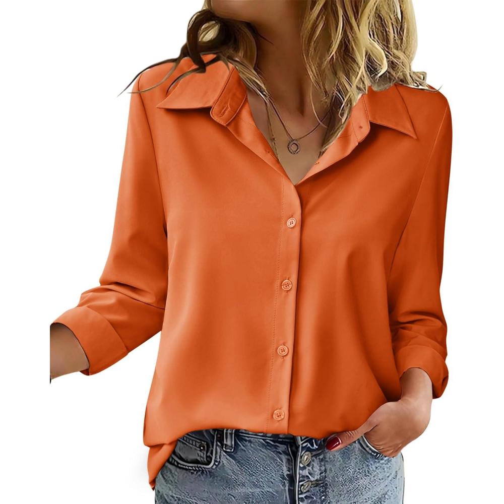 imageZeagoo Blouse for Women Dressy Long Sleeve Button Down Shirts Business Casual Outfit Lightweight SolidPrinted TopsZ Orange