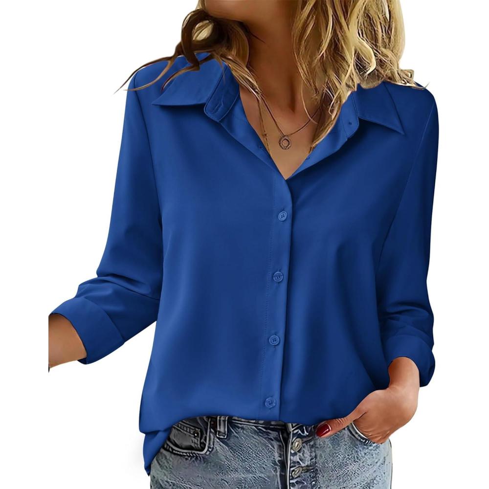 imageZeagoo Blouse for Women Dressy Long Sleeve Button Down Shirts Business Casual Outfit Lightweight SolidPrinted TopsZ Royal Blue