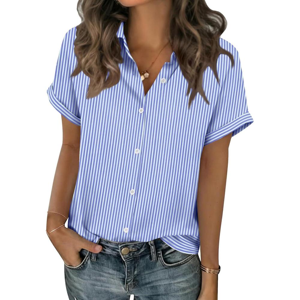 imageZeagoo Blue and White Striped Shirts for Women Short Sleeve V Neck Collared Blouses 2026 Summer Tops