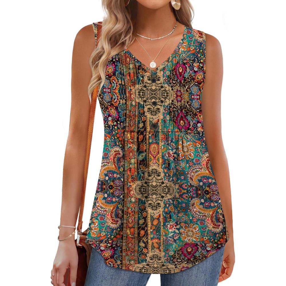 imageZeagoo Boho Tank Tops for Women Pleated V Neck Tunic Summer Shirts Loose Casual Dressy Button Sleeveless Flowy Clothes