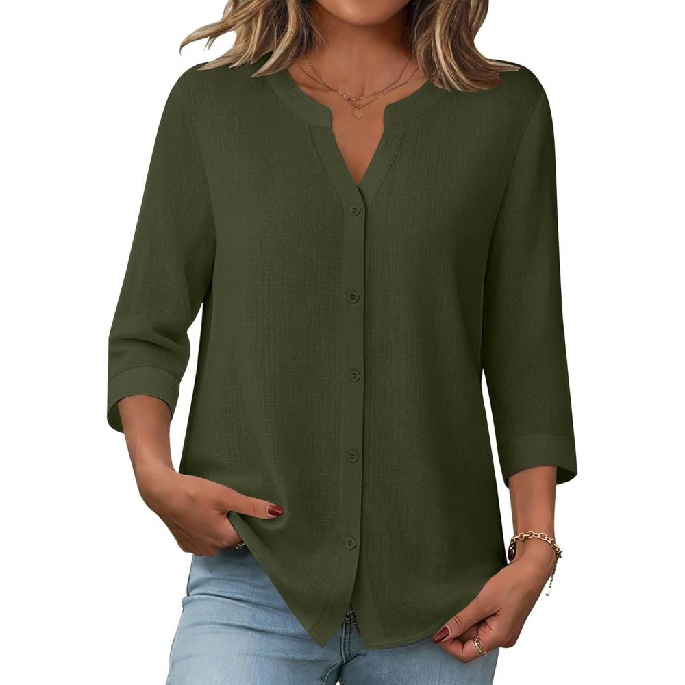 imageZeagoo Button Down Shirts for Women 34 Sleeve Linen Cotton V Neck Tops Dressy Casual Loose Work BlousesArmy Green