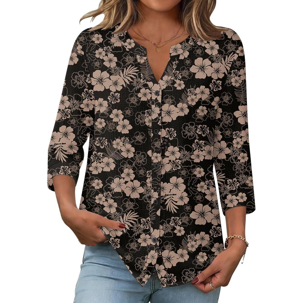 imageZeagoo Button Down Shirts for Women 34 Sleeve Linen Cotton V Neck Tops Dressy Casual Loose Work BlousesBlack Hawaiiansf209