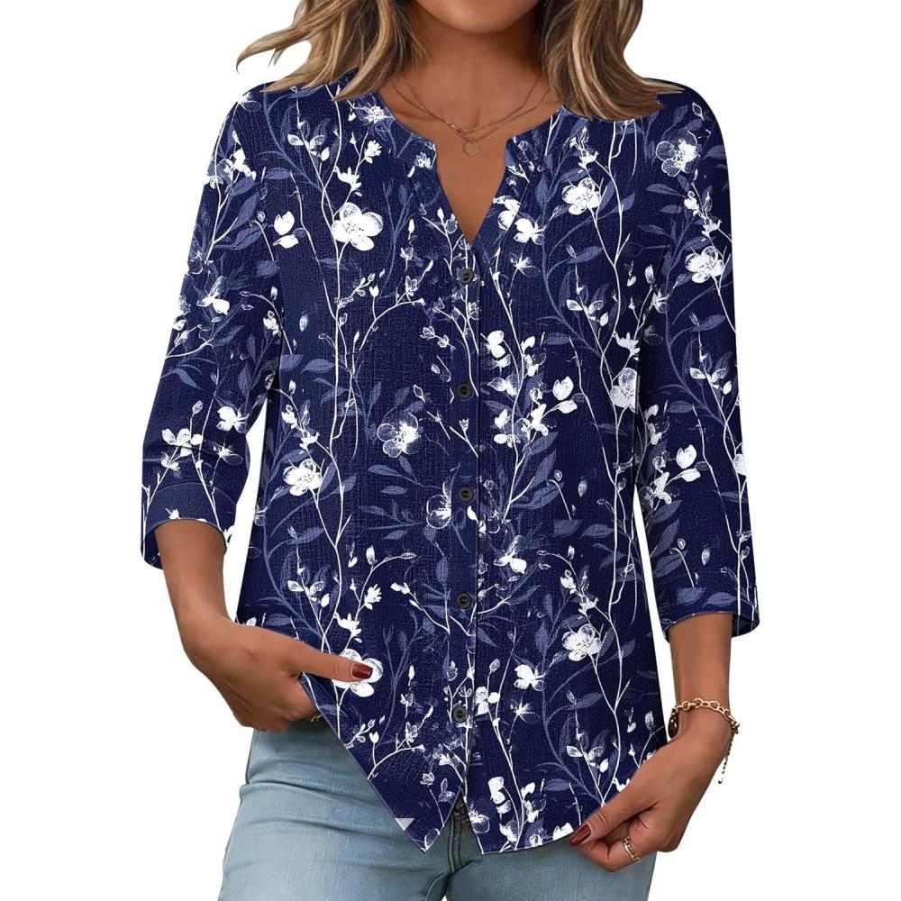 imageZeagoo Button Down Shirts for Women 34 Sleeve Linen Cotton V Neck Tops Dressy Casual Loose Work BlousesNany Flowersf180