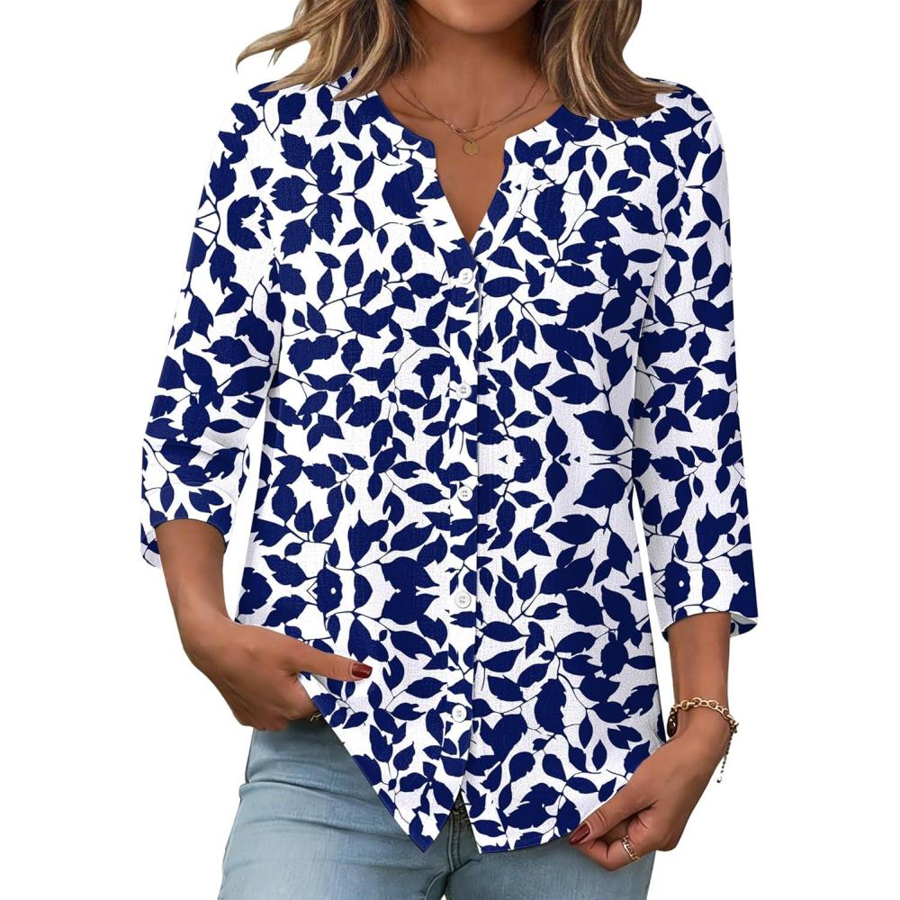imageZeagoo Button Down Shirts for Women 34 Sleeve Linen Cotton V Neck Tops Dressy Casual Loose Work BlousesNany Leafzw522