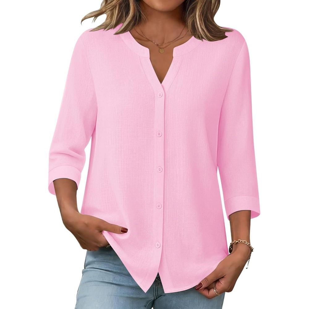 imageZeagoo Button Down Shirts for Women 34 Sleeve Linen Cotton V Neck Tops Dressy Casual Loose Work BlousesPink