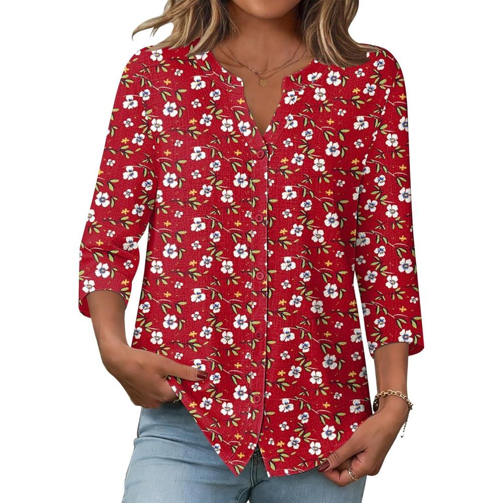 imageZeagoo Button Down Shirts for Women 34 Sleeve Linen Cotton V Neck Tops Dressy Casual Loose Work BlousesRed Flowerxh235