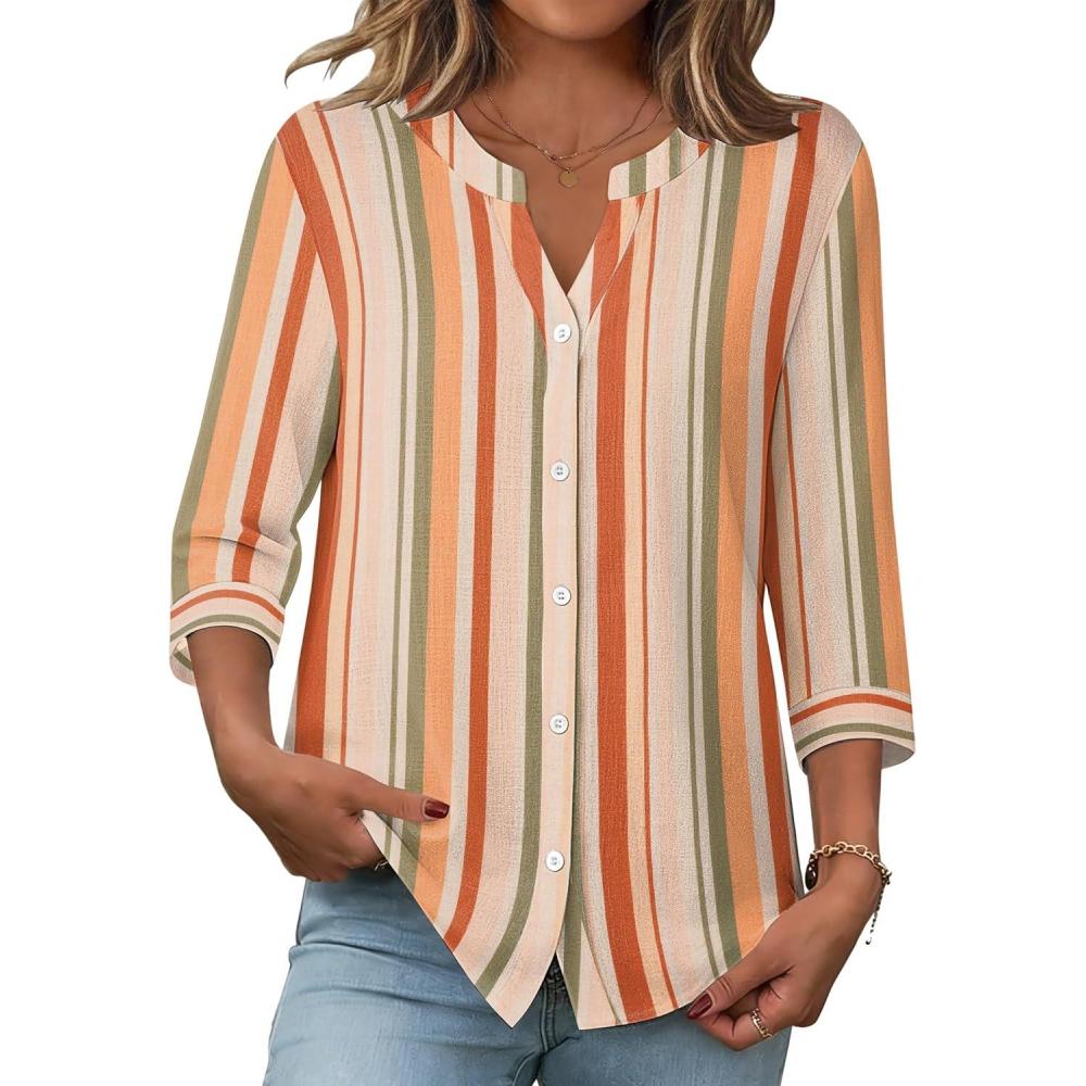 imageZeagoo Button Down Shirts for Women 34 Sleeve Linen Cotton V Neck Tops Dressy Casual Loose Work BlousesStripestw720