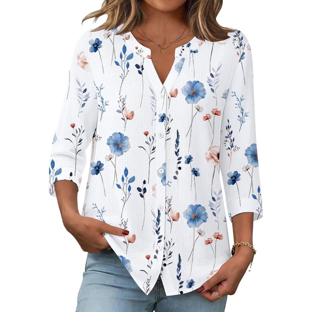 imageZeagoo Button Down Shirts for Women 34 Sleeve Linen Cotton V Neck Tops Dressy Casual Loose Work BlousesWhite Flowersbf290