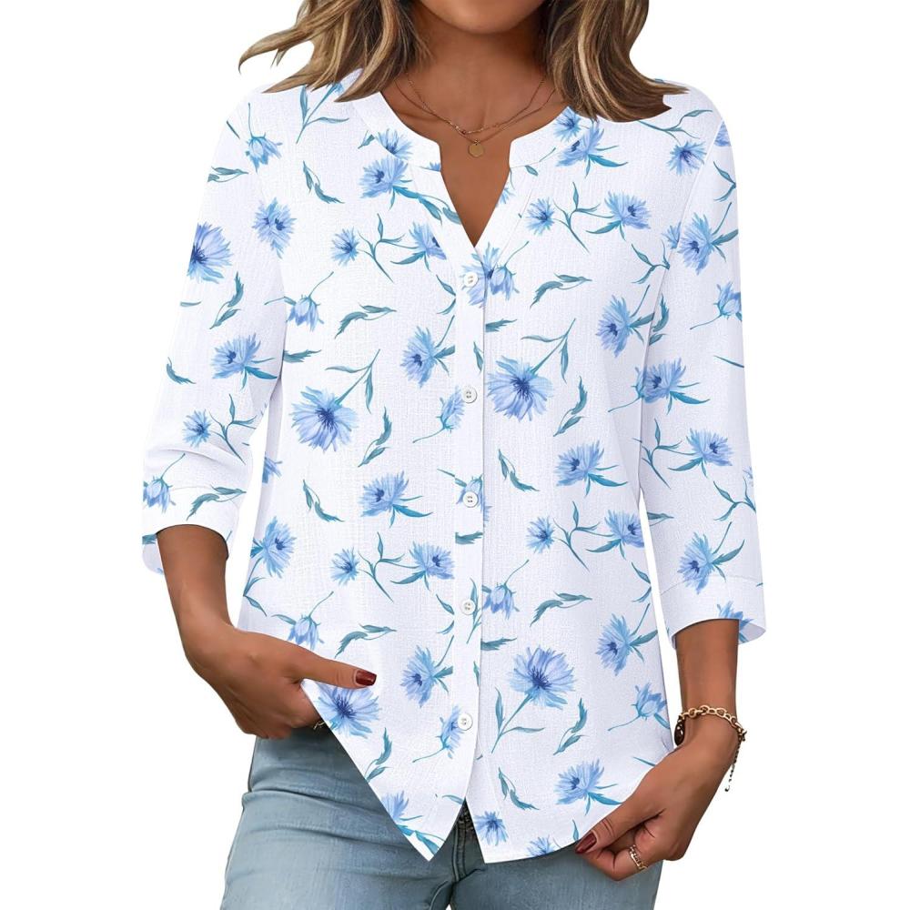 imageZeagoo Button Down Shirts for Women 34 Sleeve Linen Cotton V Neck Tops Dressy Casual Loose Work BlousesWhite Flowersbf361