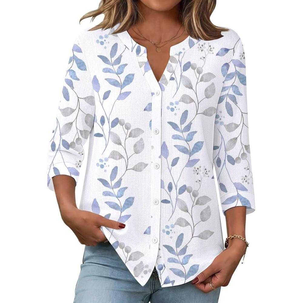 imageZeagoo Button Down Shirts for Women 34 Sleeve Linen Cotton V Neck Tops Dressy Casual Loose Work BlousesWhite Leafsp106