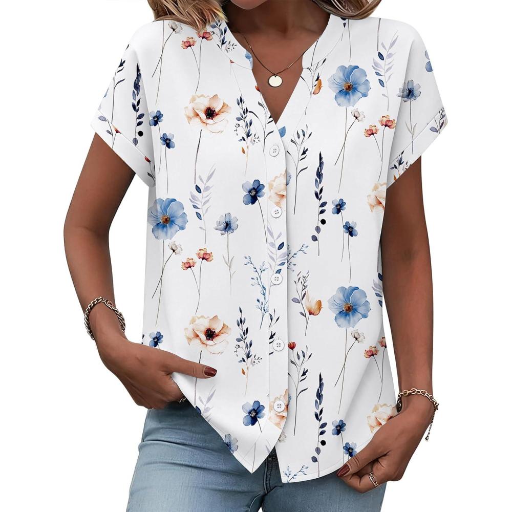 imageZeagoo Button Down Shirts for Women Short Sleeve Tops V Neck Collar Blouses Business Casual Outfits S2XLBf290