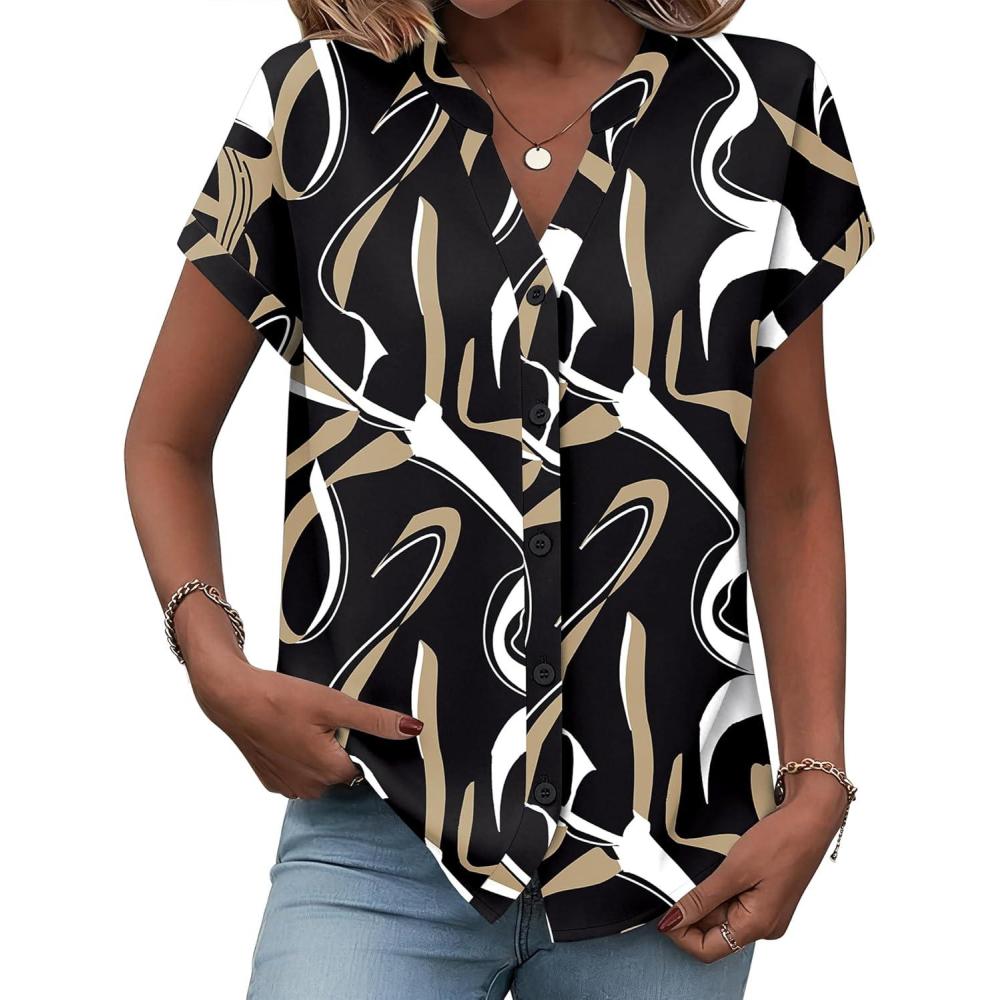 imageZeagoo Button Down Shirts for Women Short Sleeve Tops V Neck Collar Blouses Business Casual Outfits S2XLCx312