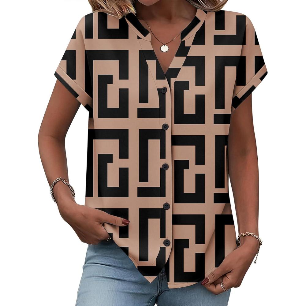 imageZeagoo Button Down Shirts for Women Short Sleeve Tops V Neck Collar Blouses Business Casual Outfits S2XLJh308