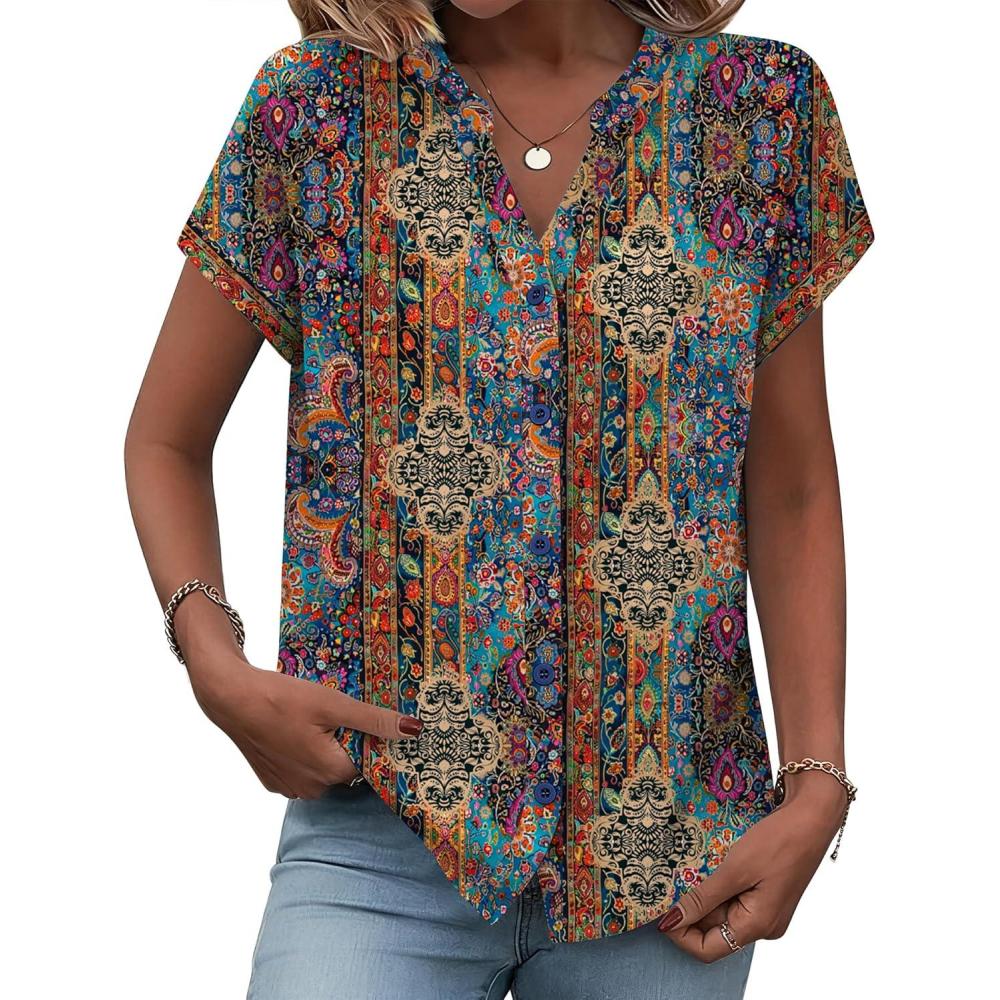 imageZeagoo Button Down Shirts for Women Short Sleeve Tops V Neck Collar Blouses Business Casual Outfits S2XLMz721