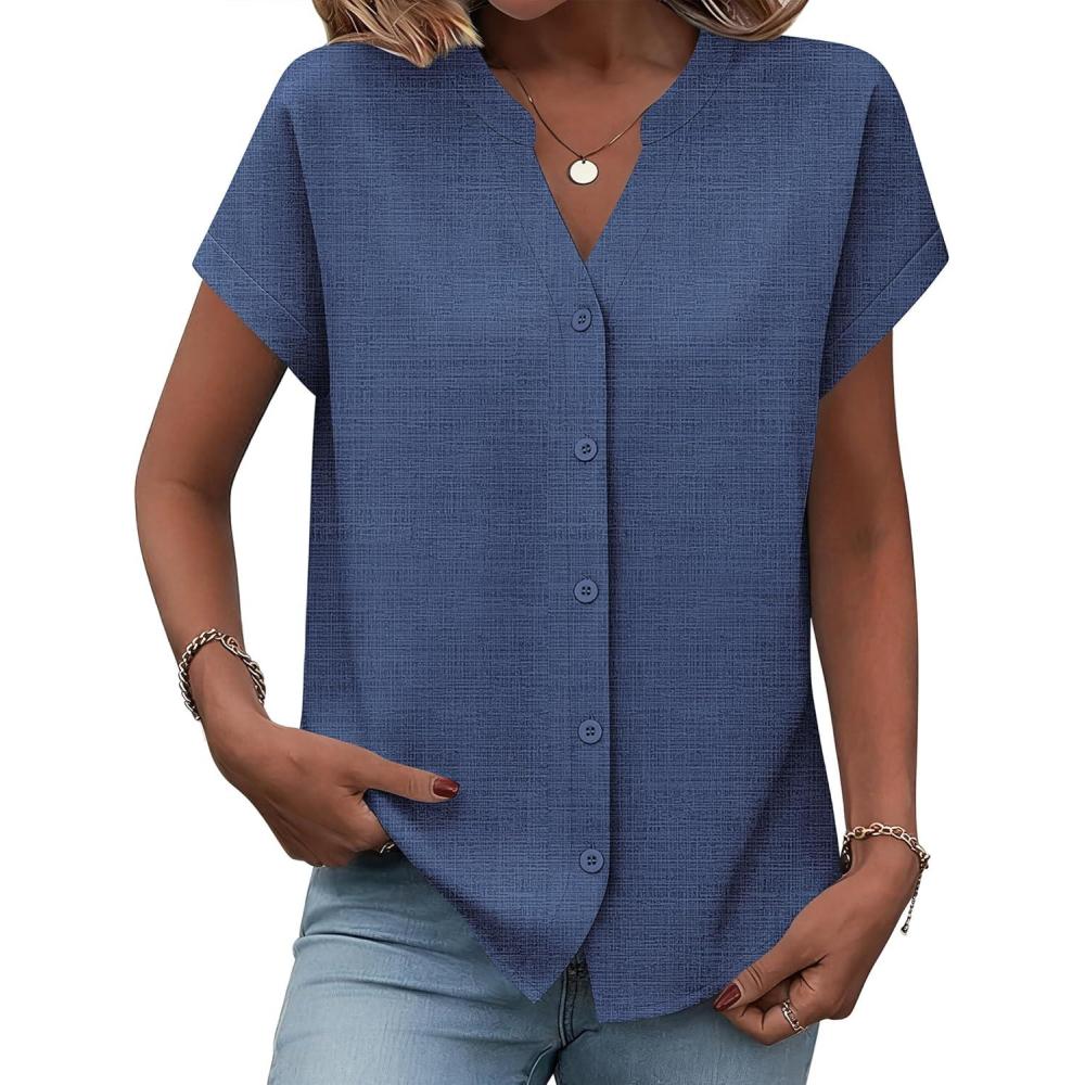 imageZeagoo Button Down Shirts for Women Short Sleeve Tops V Neck Collar Blouses Business Casual Outfits S2XLNavy Blue