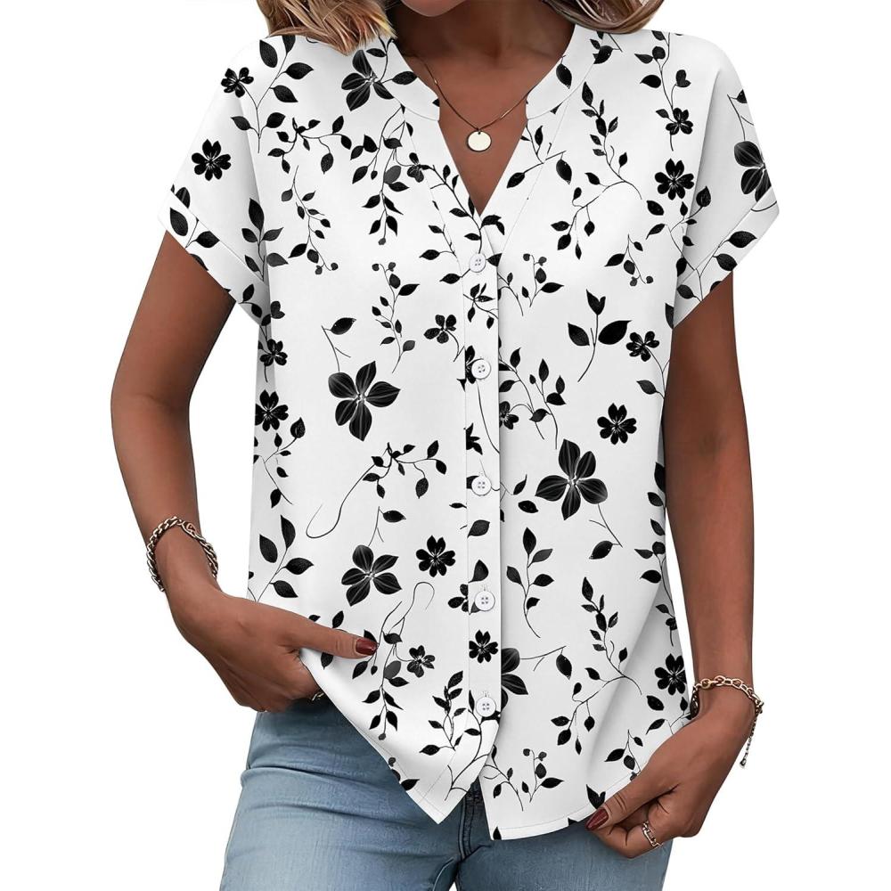 imageZeagoo Button Down Shirts for Women Short Sleeve Tops V Neck Collar Blouses Business Casual Outfits S2XLSf291