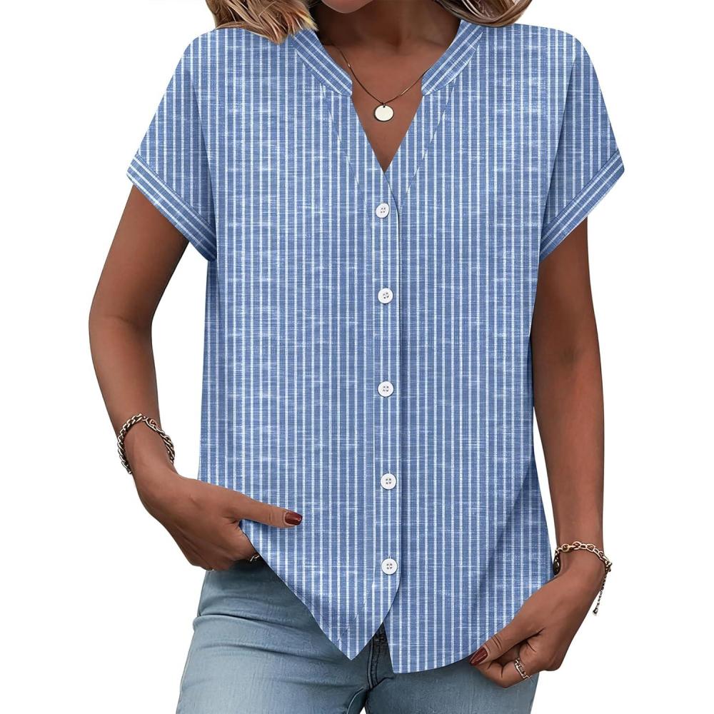 imageZeagoo Button Down Shirts for Women Short Sleeve Tops V Neck Collar Blouses Business Casual Outfits S2XLTz273