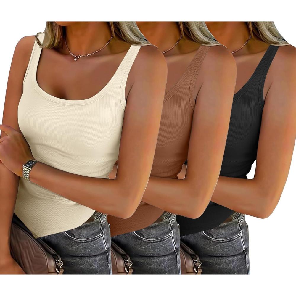 imageZeagoo Ribbed Tank Tops for Women 3 Pack Sleeveless Scoop Neck Ruched Cute Summer ShirtsBlack Brown Beige