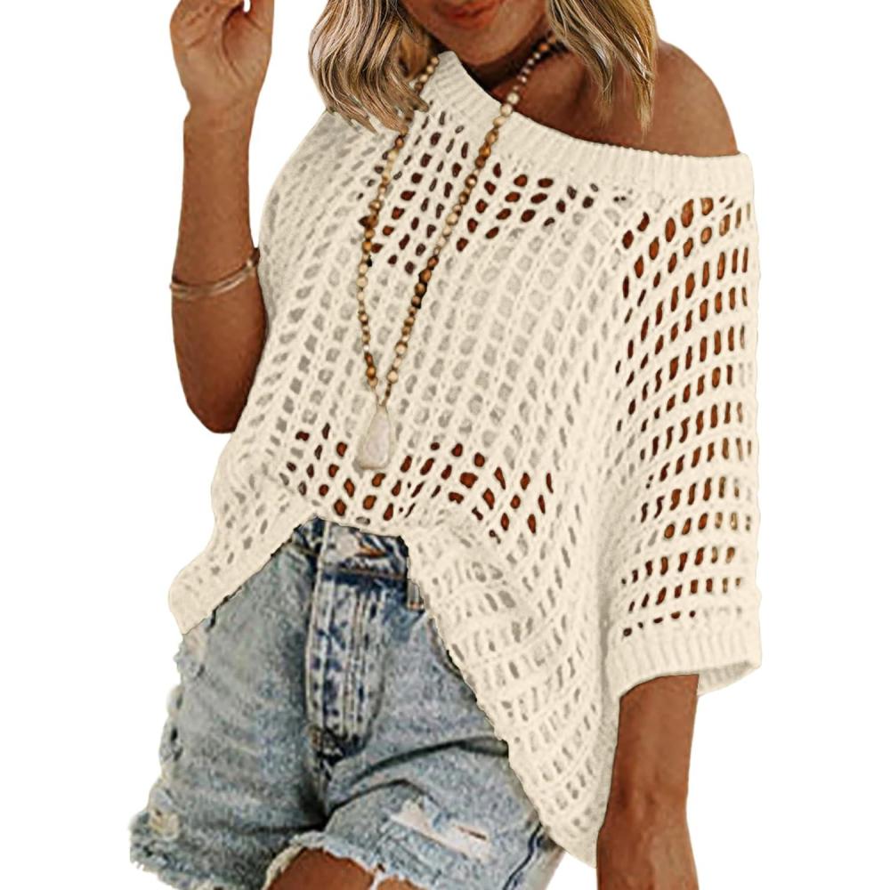 imageZeagoo Short Sleeve Crochet Sweater Lightweight Summer Tops Loose Hollow Out Crewneck PulloverBeige